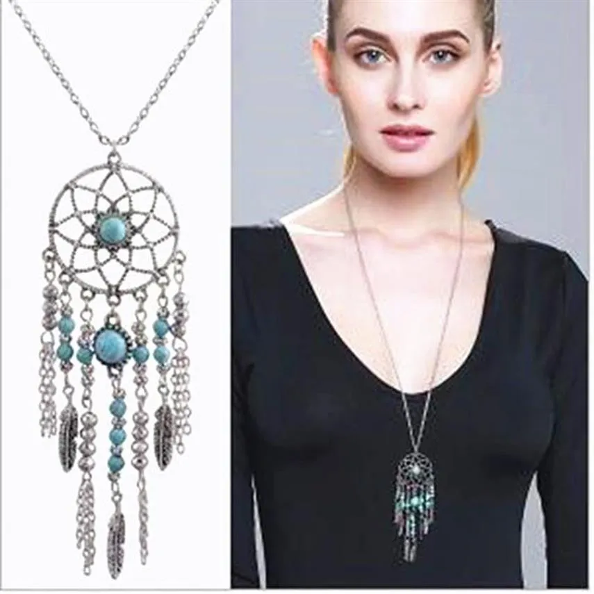 Vintage Dream Catcher Necklace Tassel Feather Turquoise Bohemian Style Long Sweater Chain Charm Jewel Xmas Gifts 12pcs220k