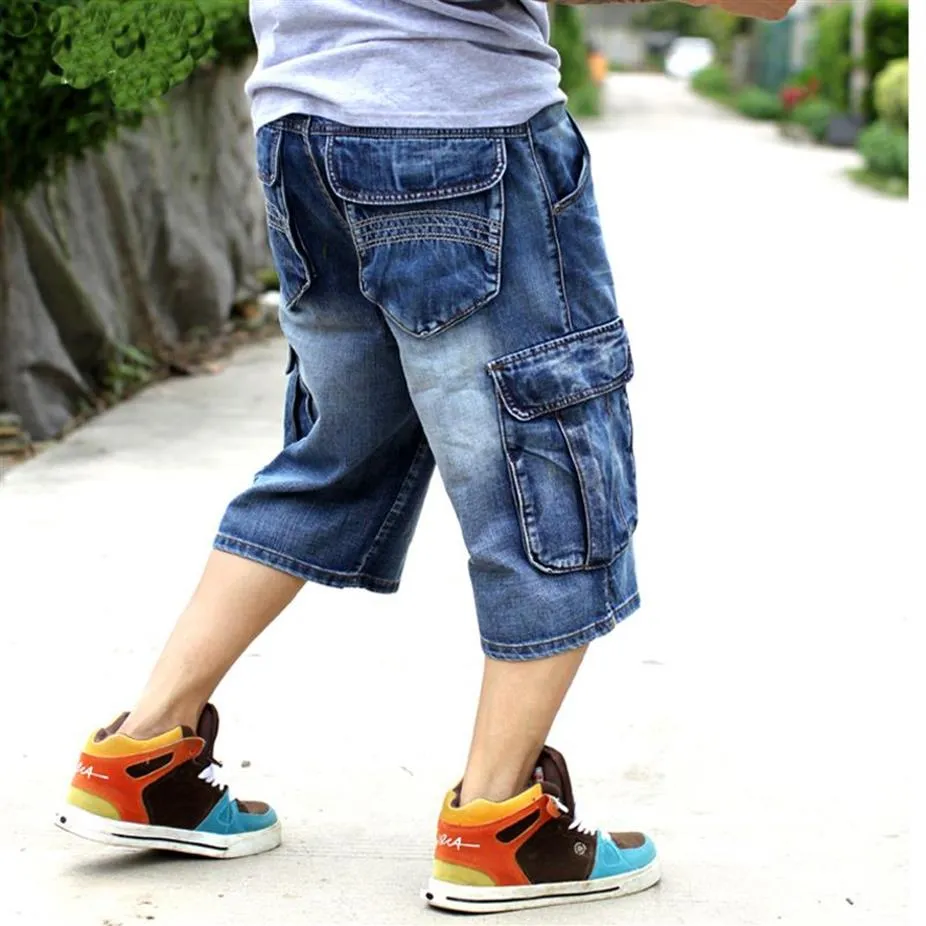 MENS PLUS STORLEK LOOK BAGGY DENIM SHORT MEN JEANS Fashionwear Hip Hop Long 3 4 Last Shorts Pocket Bermuda Male Blue244s