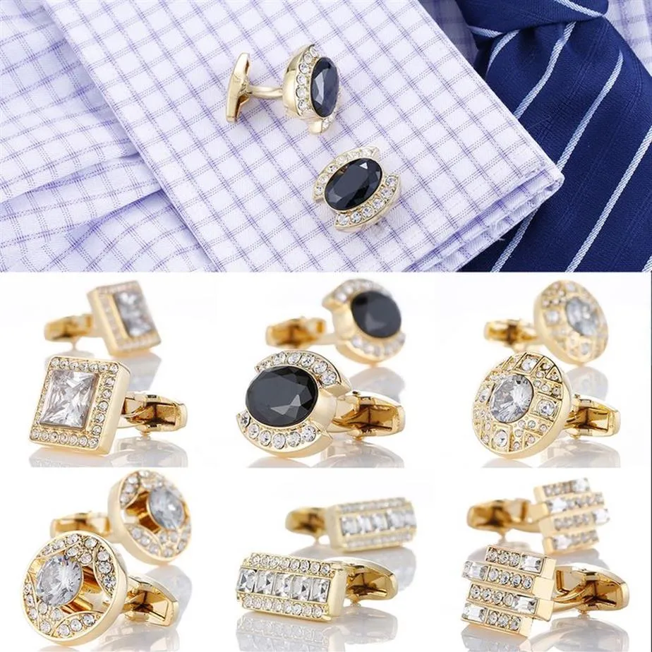 Abotoaduras masculinas luxuosas de ouro com cristal, casamento, camisa francesa, botões de manga, acessórios de joias masculinas, design cuffs255z