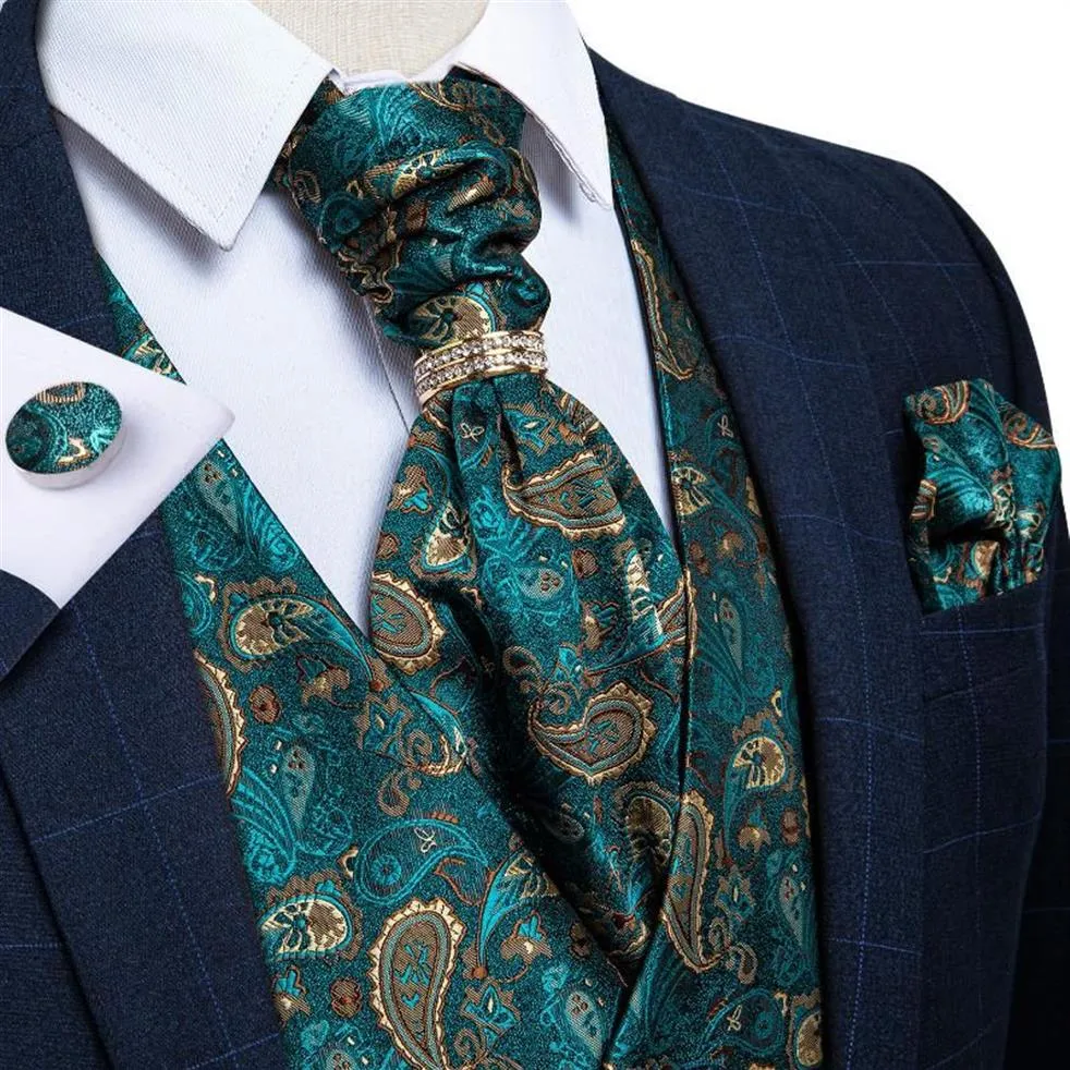Gilets pour hommes Designer Mens Green Paisley Soie Gilet Gilet Ascot Cravate Mouchoir Cravate Bague Boutons De Manchette Ensemble Sans Manches Jack175S