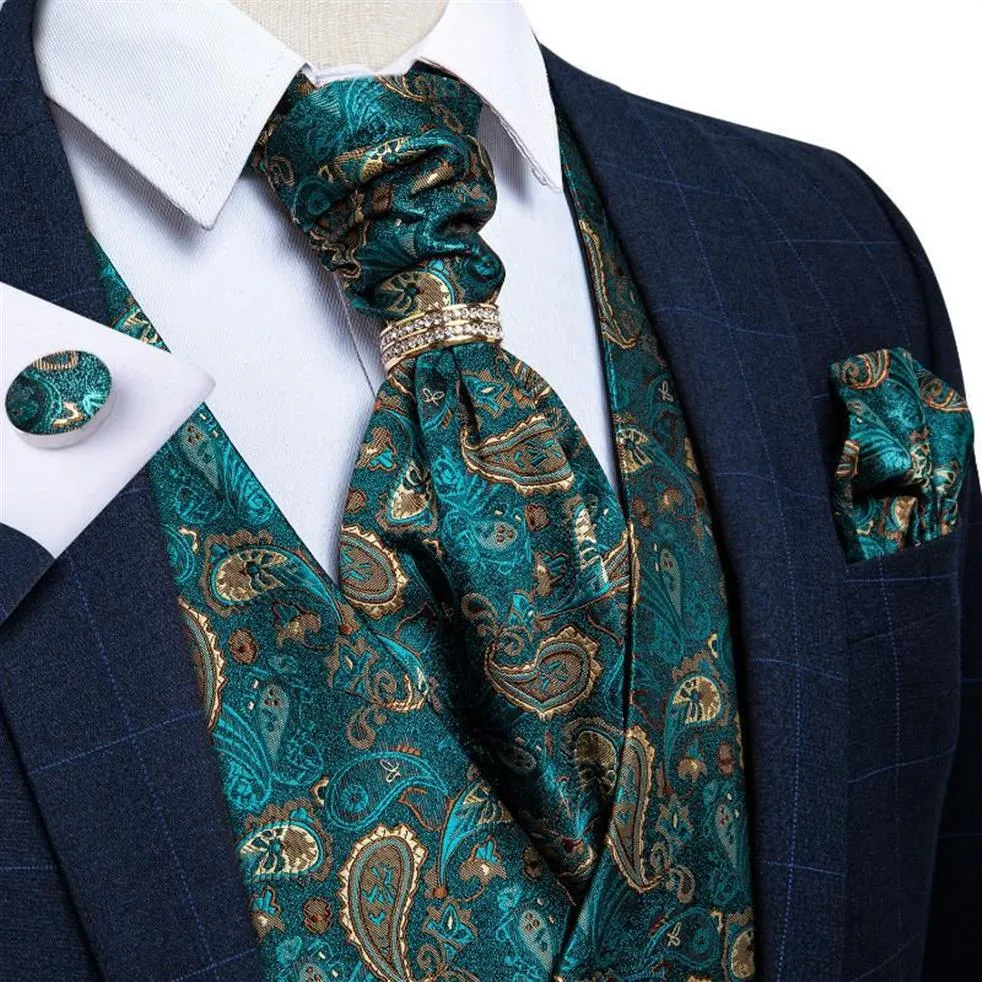 Heren Vesten Designer Heren Groen Paisley Zijden Vest Ascot Stropdas Zakdoek Stropdas Ring Manchetknopen Set Mouwloos Jack175S