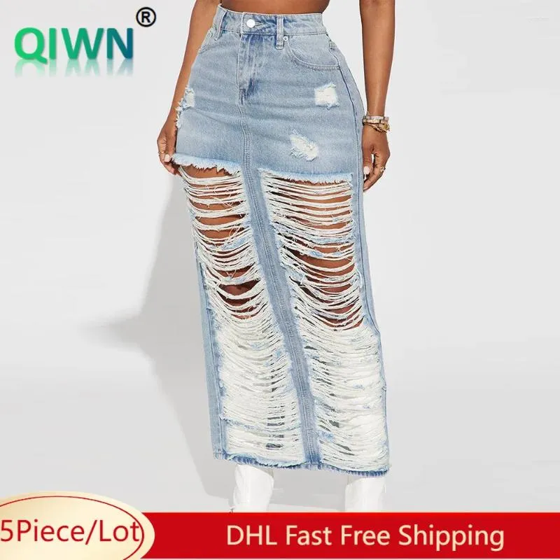 Jupes 5 pièces en vrac en gros trou Denim femmes Sexy évider Maxi jupe été taille haute Streetwear robes en Jean droites 10187