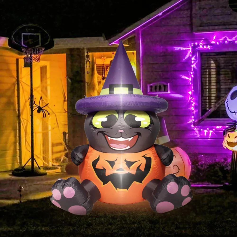 Giocattoli di Halloween 180cm 6FT Zucca di Halloween gonfiabile Decorazione del giardino all'aperto che fa esplodere Cappelli di gatto grigio Giocattoli con luci a LED integrate Regalo 231019