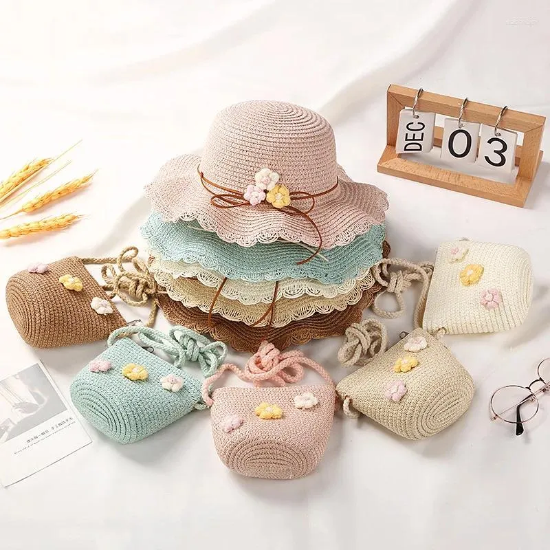 Hats Kids Girl Bowler Straw Hat Summer Wide Brim Flower Beach Sun Caps And Shoulder Bag For Toddler Seaside Travel Outdoor Sunscreen