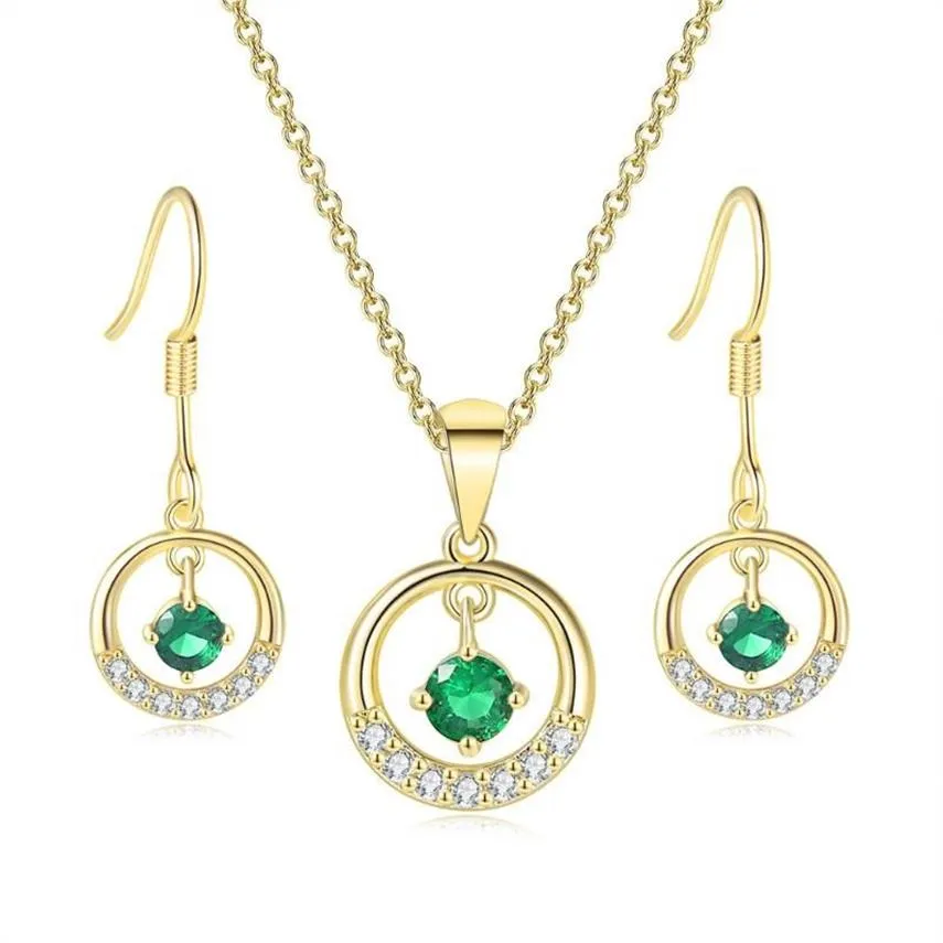 Kedjor tengtengfit kubik zirkoniumhänge gult guld pläterade halsband örhängen grön simulerade smaragd mode smycken sets2771