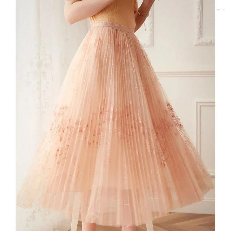 Jupes Soie Fée Net Voile Rêve Fille Printemps Été Jupe Plissée De Taille Haute Longue En Un Mot Mûrier