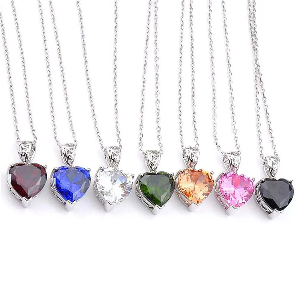 Ny LuckyShine 12 PCS Love Heart Mix Color Morganite Peridot Citrine Gems Silver Wedding Party Gift Pendant Halsband med Chain284A