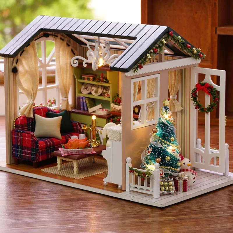 Doll House Accessories Cutebee Diy Dollhouse Wood Miniature Doll House With Furniture Toys for Children Christmas Gift 231018
