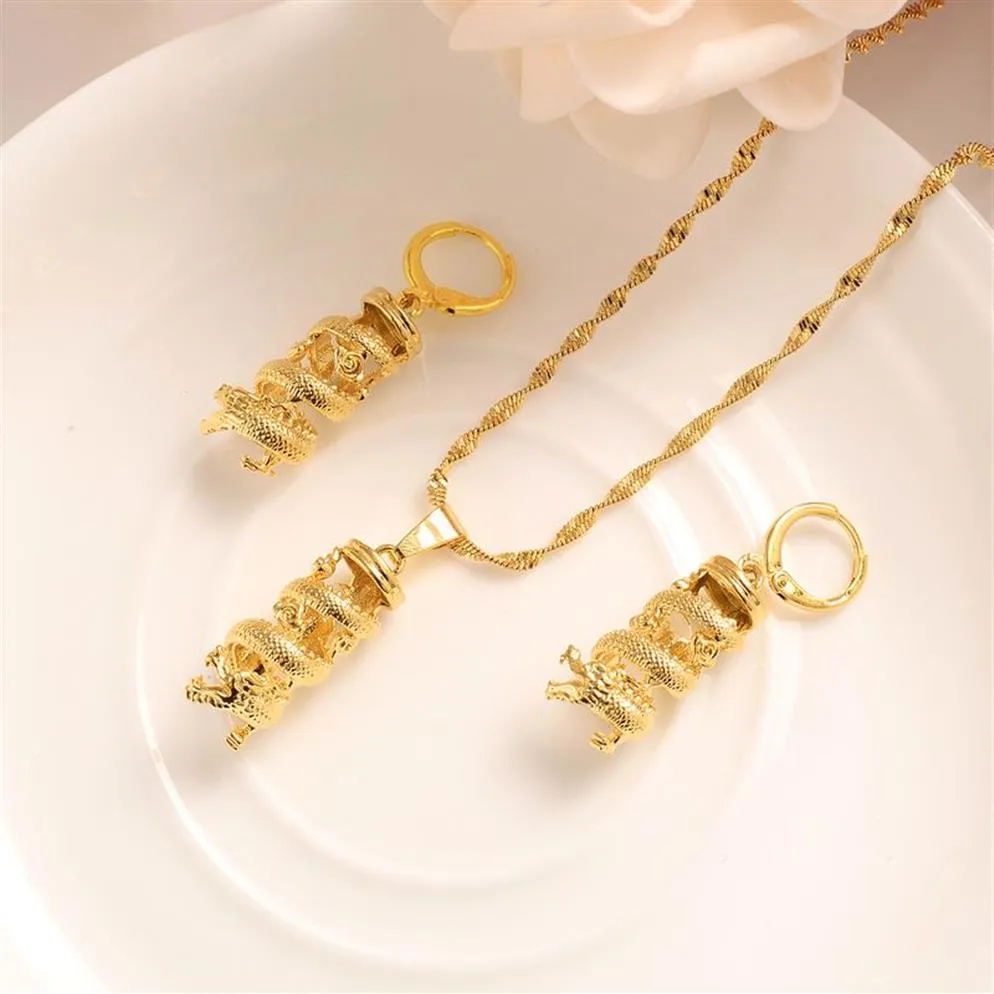 Fashion Necklace Earring Set Women Party Gift Fine THAI BAHT Solid GOLD GF dragon Necklace Earrings Jewelry Sets220C