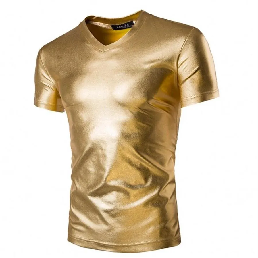 Man populär nattklubb mode t-shirt kort ärm V-ringning guld silver svart färg trenderna för fast bomulls fritid t-shirt desig2837