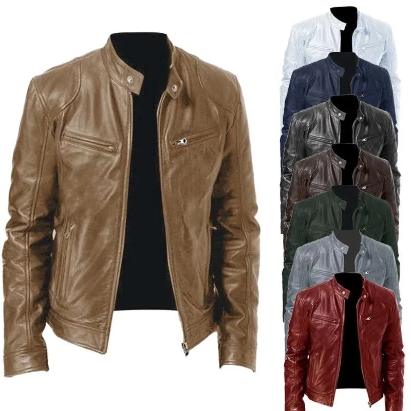 Heren Jassen Mode Leren Jas Slim Fit Stand Kraag PU Casual Rits Mannelijke Winddicht Motorfiets Revers 8 Kleuren 231018