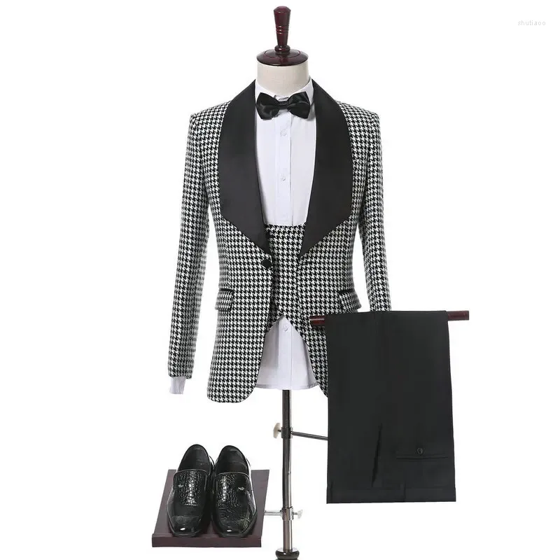 Men's Suits JELTOIN Costume Homme 3 Pieces Set Men Suit 2023 Design Real Po Houndstooth Tuxedo Wedding For Jacket Vest Pant