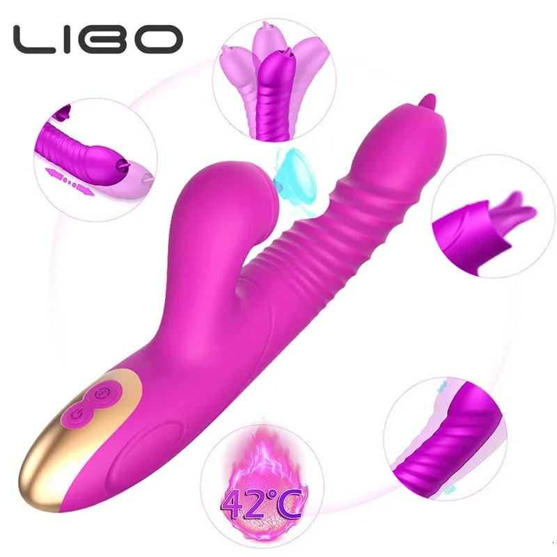 Vibratorer Double Tongue Cunnilingus Vibrator Telescopic Rotating Dildo Heat Vagina Clitoris Stimulate Adult Sex Toys for Women 231018