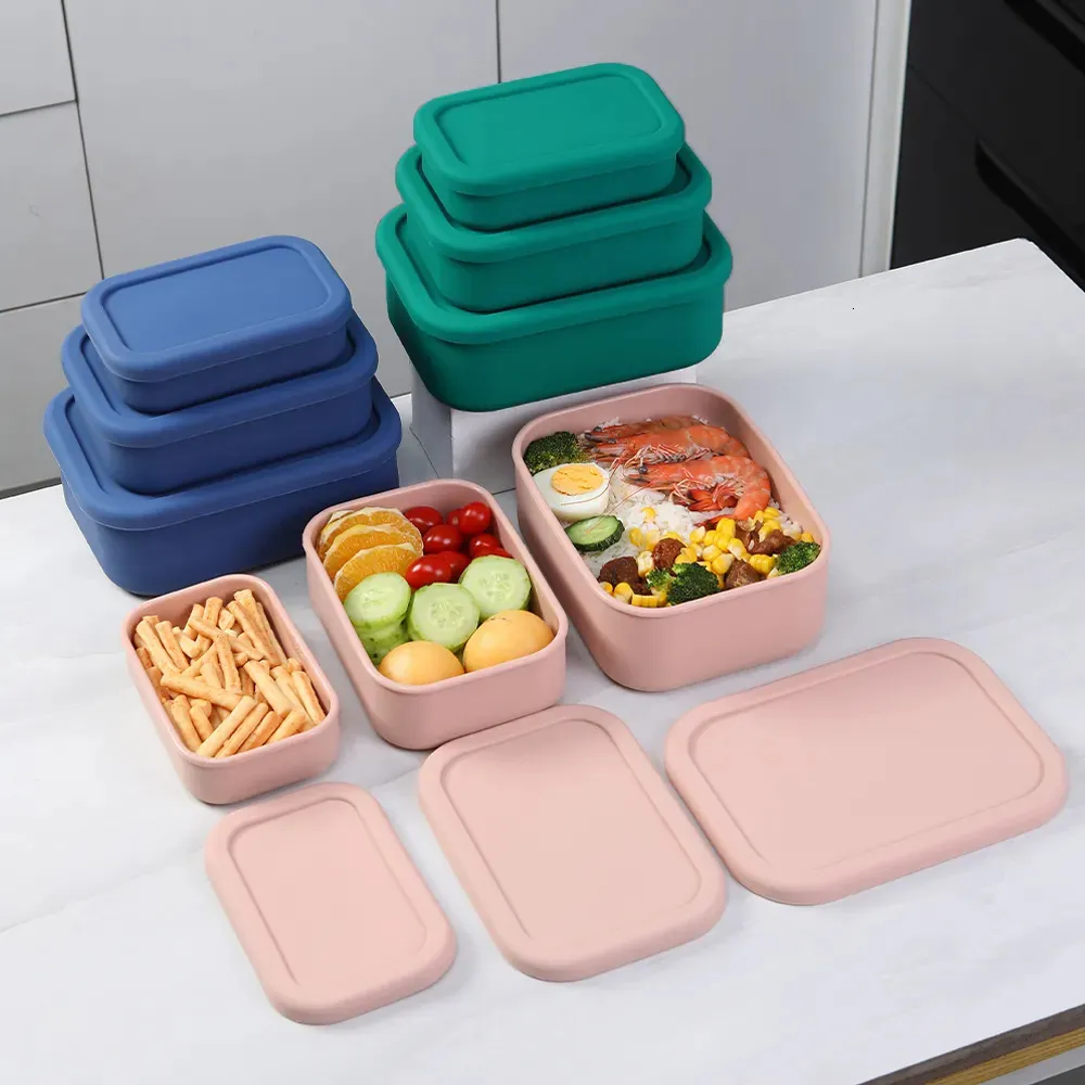 Bento Boxes Contenitore per alimenti in silicone con coperchi Riutilizzabile ermetico per pranzo Bento Boxes per adulti Contenitore per snack da campeggio per congelatore per bambini 231013