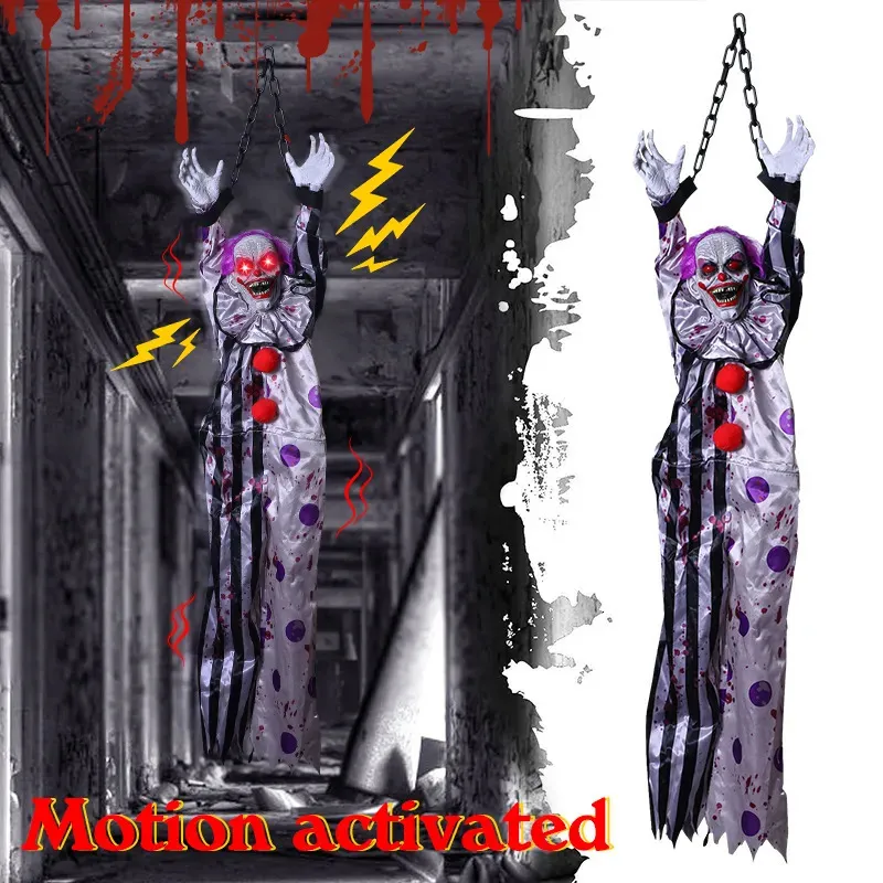 Jouets d'Halloween Décoration d'Halloween Jouets électriques fantômes suspendus parlant et secouant le clown effrayant Commande vocale Allumez les accessoires d'horreur électriques 231019