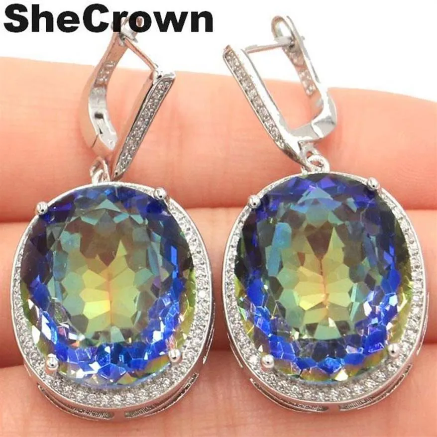 Shecrown Big Oval 22x18mm 17 5G Fire Rainbow Violet Mystic Topaz CZ Ladies 925 Silver Earrings 40x20mm 200923320S