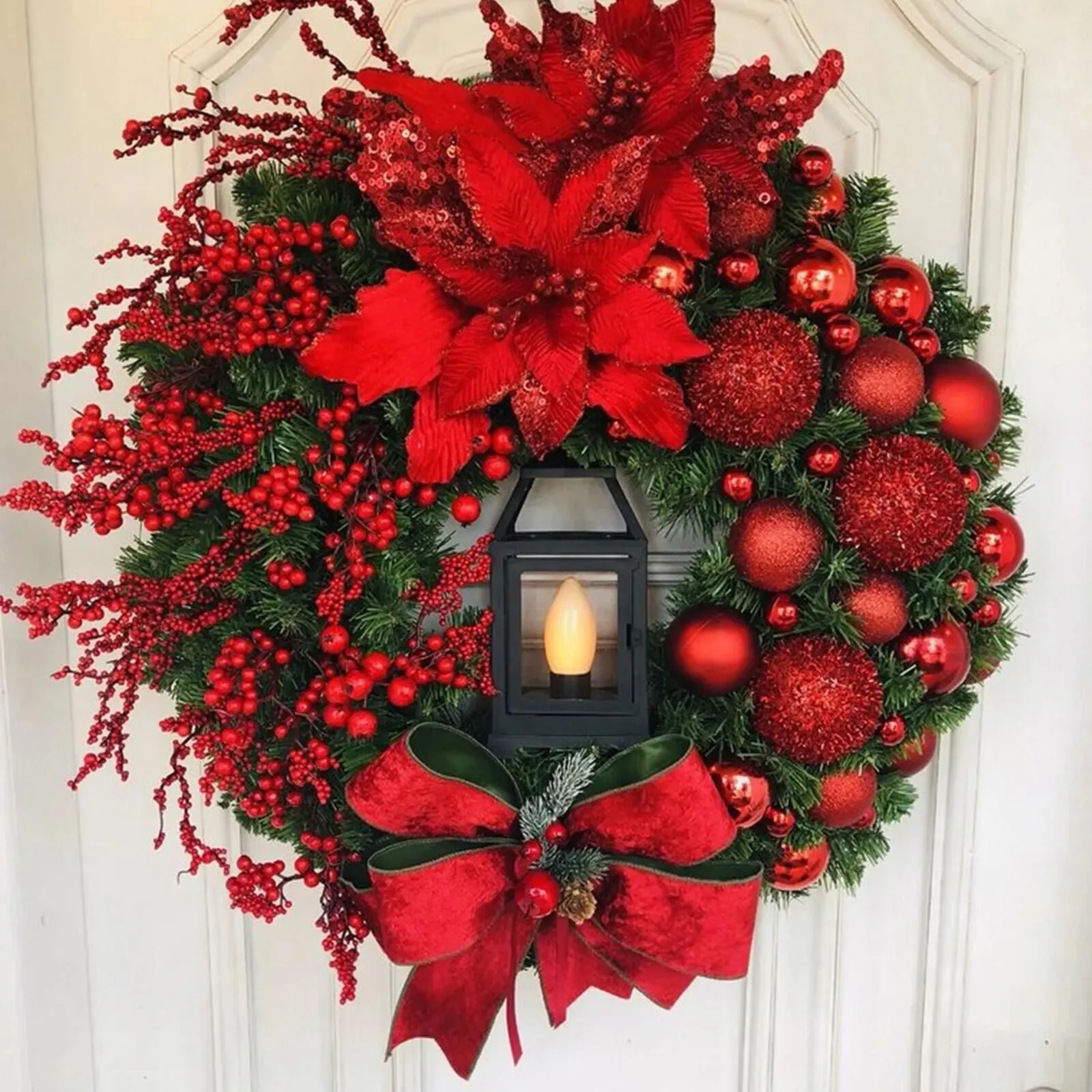 Decoraciones navideñas Corona navideña con lámpara Bola de arco Flor roja grande Navidad Fiesta Puerta de pared Ventana Chimenea Escalera Balcón Jardín Corona 231019