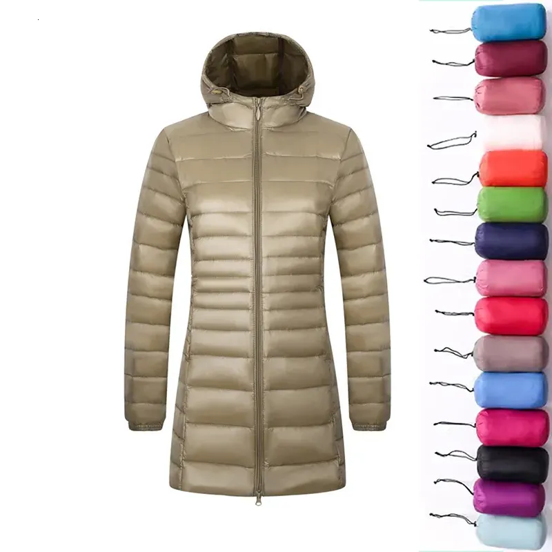 Womens Down Parkas 12 Color Women Long Warm Light Jacket Ladies Fashion Hooded with Portable Storage Bag Puffer Coats Overcoats 231018