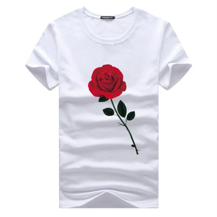 Rose imprimé hommes t-shirt été chemise haute col rond manches courtes 5XL hommes nouvelle mode vêtements couverture en coton mâle Casual Tees2406