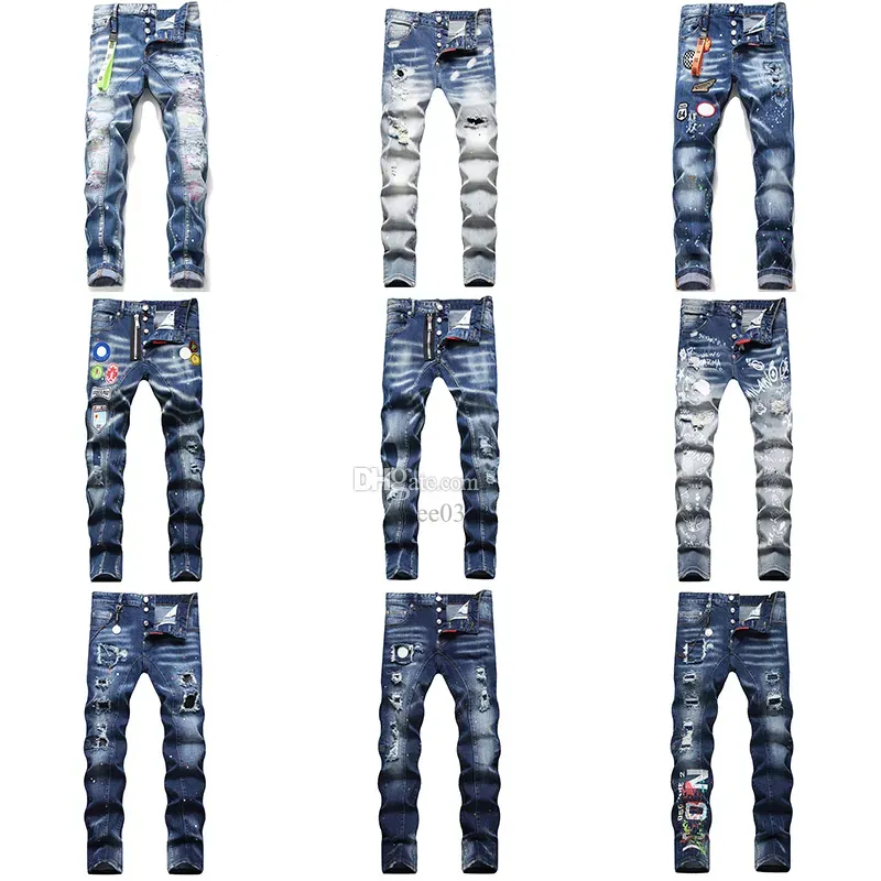 D2 Uomo Badge Strappi Jeans viola elasticizzati Moda uomo Slim Fit Lavato Pantaloni da moto in denim con pannelli Pantaloni Hip HOP jeans per uomo jeanswest