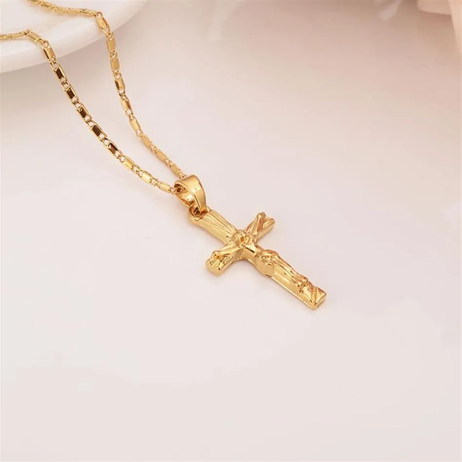 Halsband hänge 22 K 23 K 24 K Thai Baht Gul fast fint guld GF INRI JUSES Crucifix Christianity Jewelry for Women3481