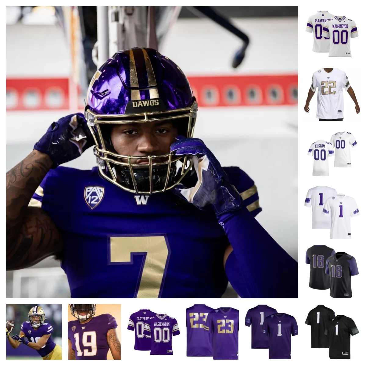 Maillot de football des Huskies de Washington 2023 77 Julius Buelow 71 Nate Kalepo 55 Troy Fautanu 13 Kamren Fabiculanan 76 Elishah Jackett 66 Landen Hatchett 10 Ralen Goforth