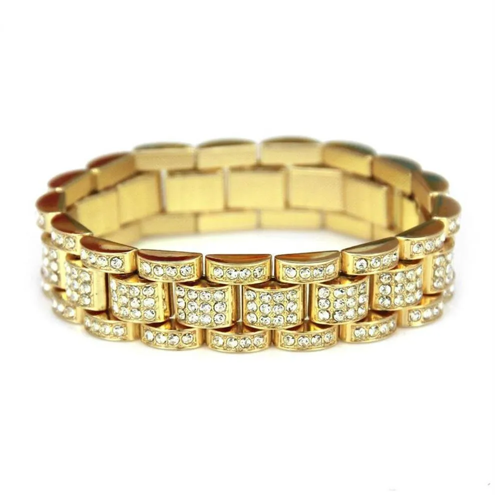 Whole-Fashion Gold Fully Iced Out Hip Hop crystal Bracelet Mens Cuban Bracelet Men s Simulated Bling Rhinestones Bangles302s