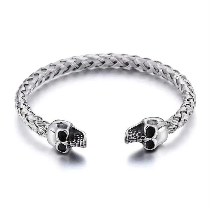 Silver rostfritt stål manschett Bangle Biker Double Skull Head End Open Armband Knutkedja310h