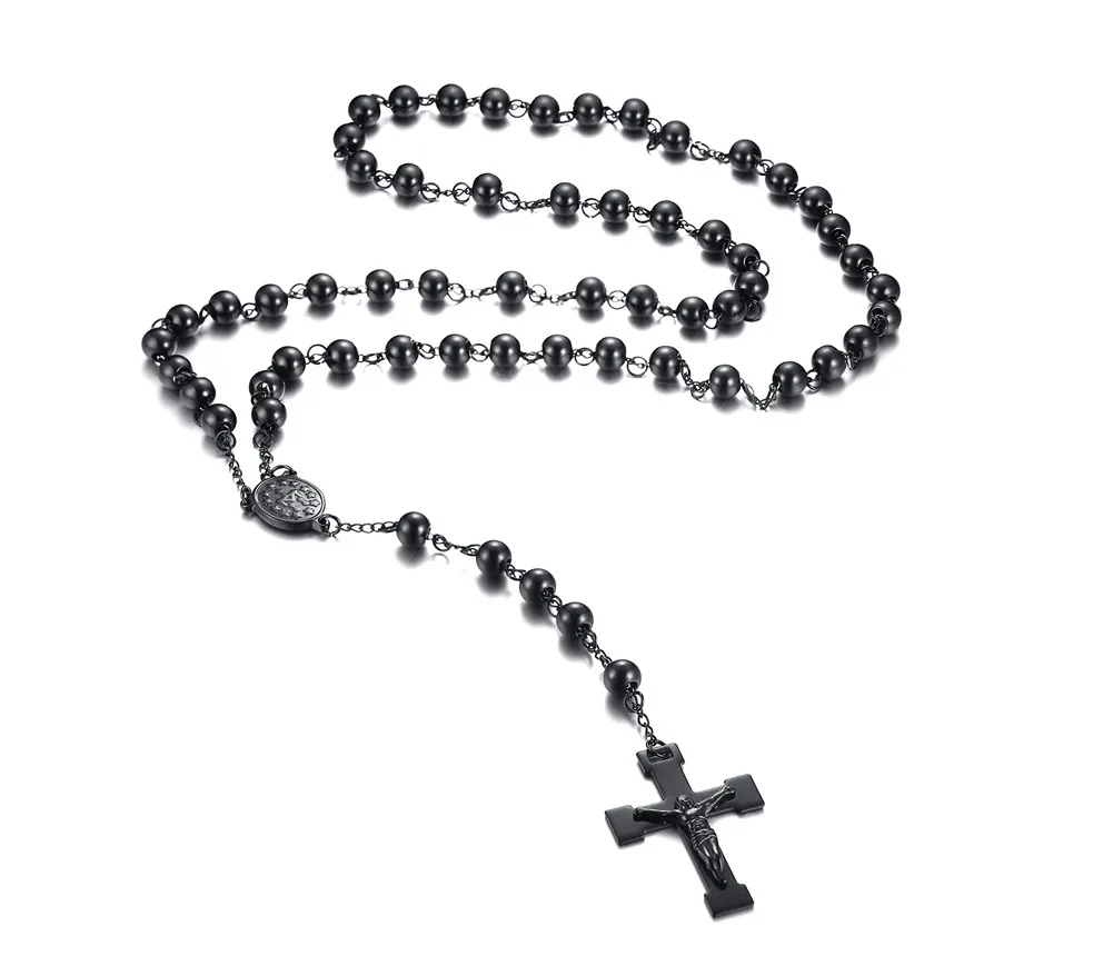 Collar de Rosario pesado para hombre, cadena de cuentas de bolas de acero inoxidable de 8mm, colgante de Cruz religiosa, joyería de moda de 30 pulgadas