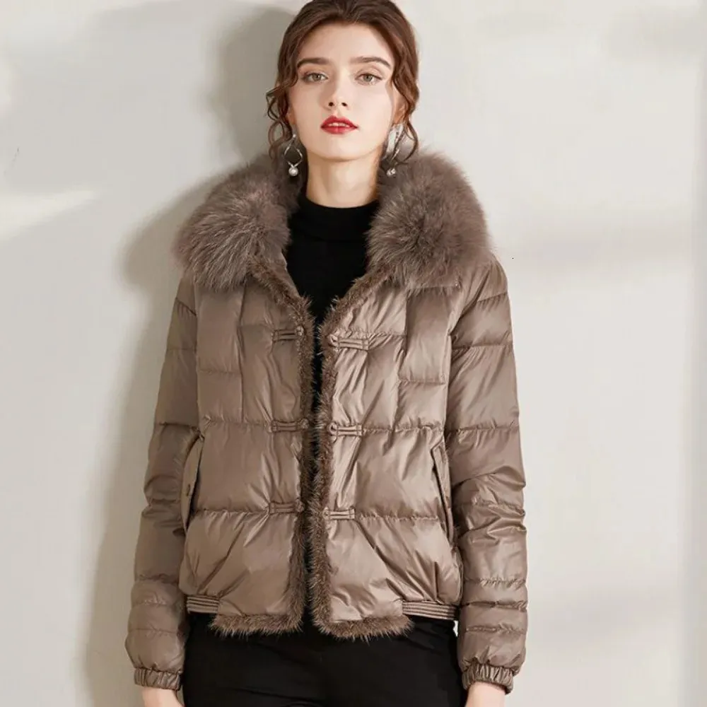 Frauen Pelz Faux Weiße Ente Unten Jacke Damen Lose Vintage Echt Kragen Winter Frauen Kurze Warme Puffer Mantel Weibliche Parka oberbekleidung 231018