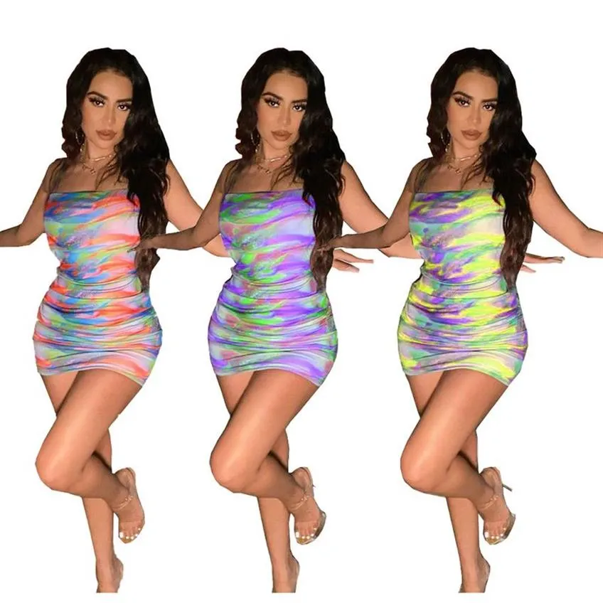 Summer Printed Tie-Dye Sexy Mini Dresses Casual Fashion Ladies Sling Dress S-2XL2159