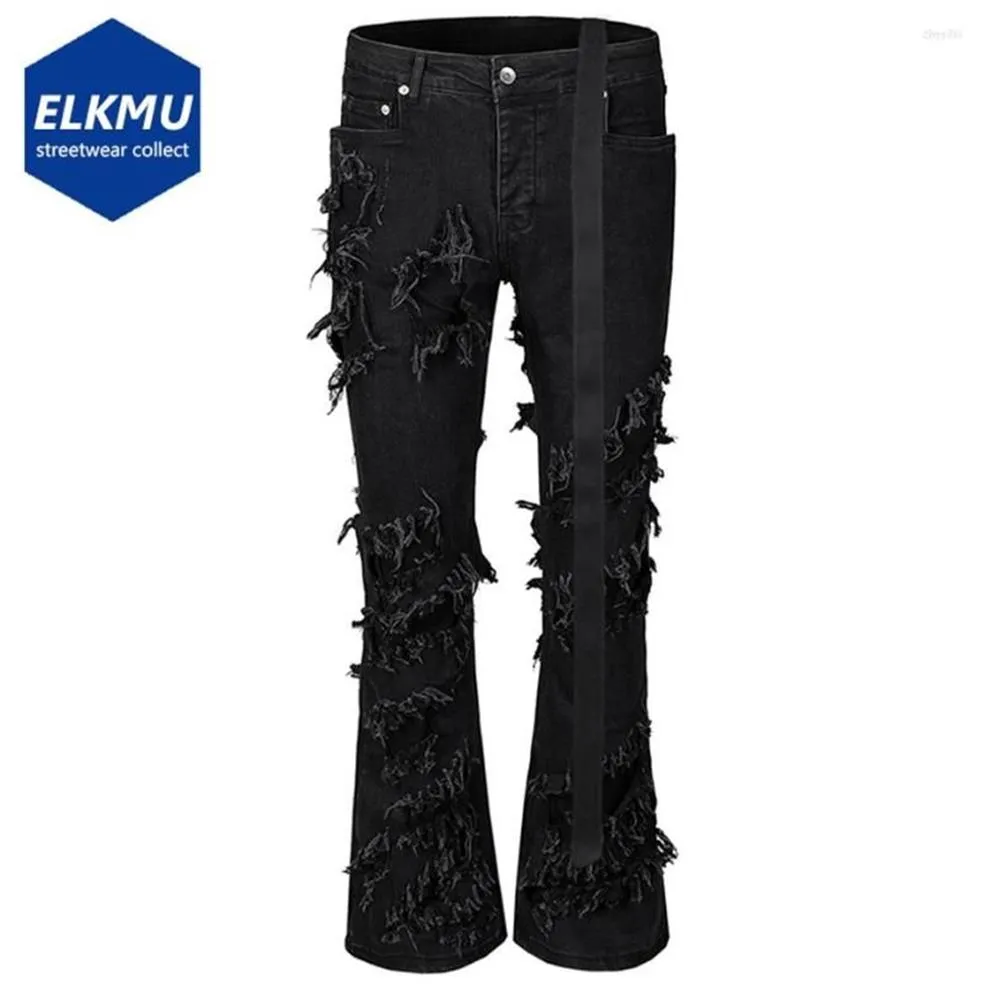 Jeans pour hommes Mode évasée Hommes déchirés en détresse Streetwear Pantalon en denim noir Longs rubans Tendance Man253A