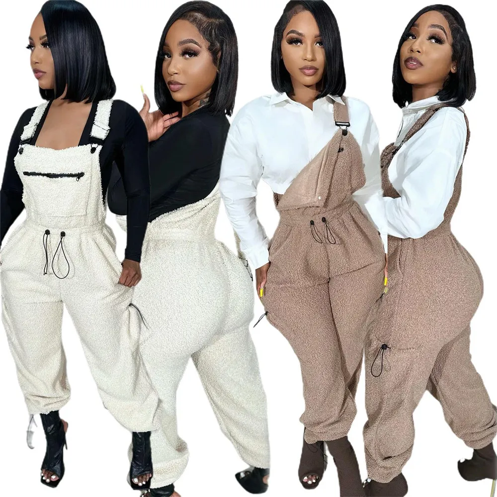 Designer Fleece Overalls Women Fall Winter Thicker Jumpsuits Casual Warm Loose Suspender Trousers Fashion One Piece Overalls Bulk Wholesale Clothes 10232