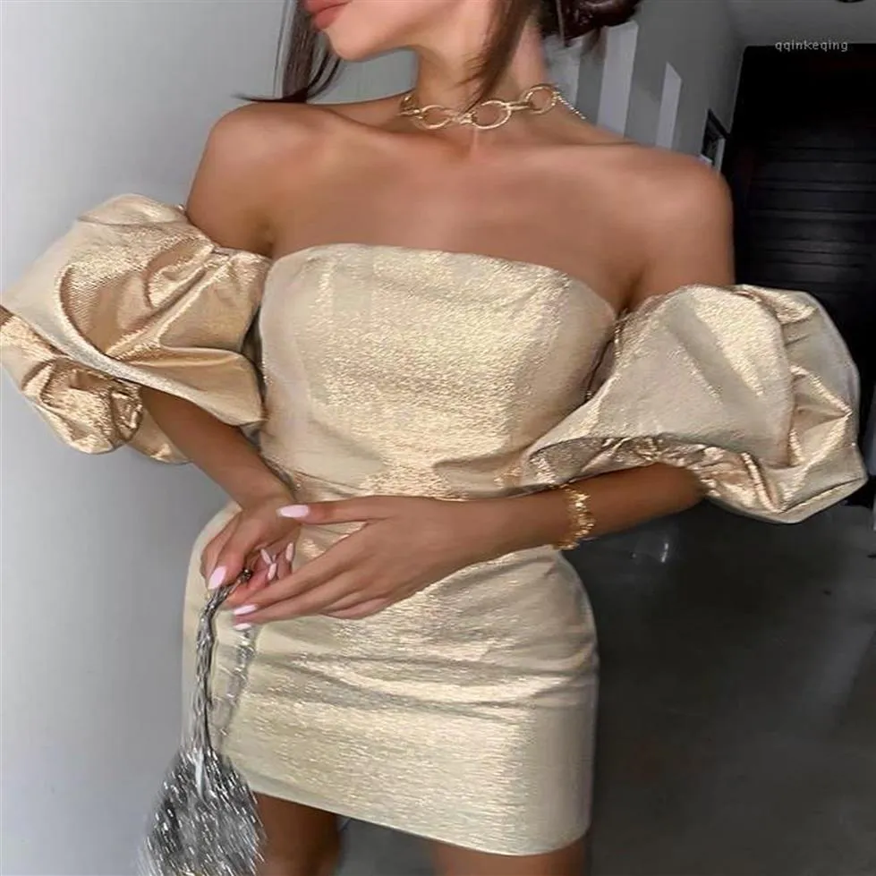 Casual Dresses Women Winter Fashion Sexy Puff Sleeve Backless Gold Lady Dress 2021 Elegant Evening Party Vestidos1218x