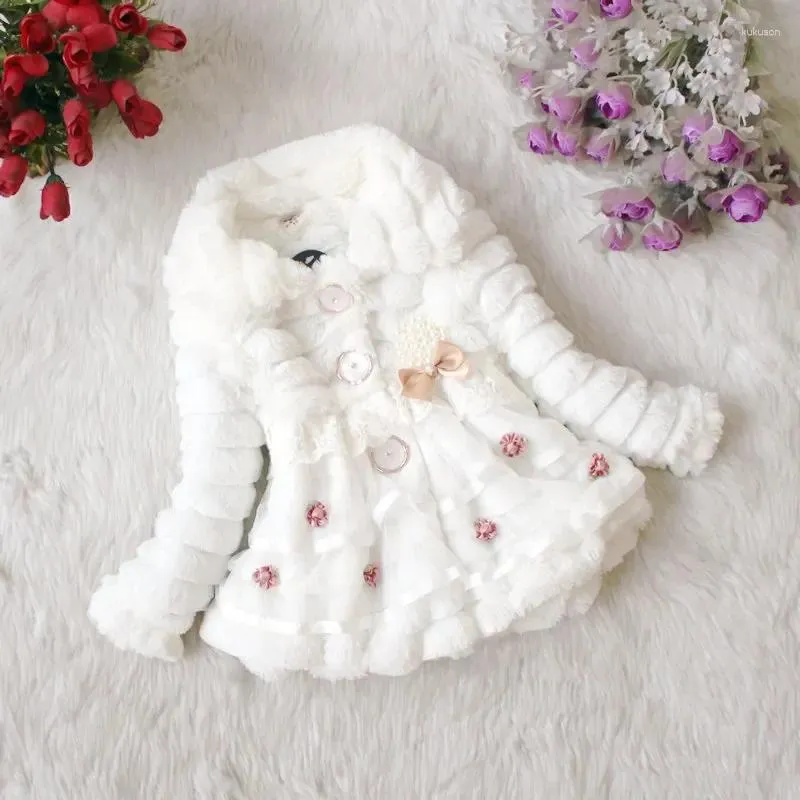 Jacken Mode Kinder Kunstpelz Mantel Herbst Winter Warme Plüsch Baby Jacke Weihnachten Niedliche Blümchen Spitze Prinzessin Outwear Kleinkind Mädchen Kleidung