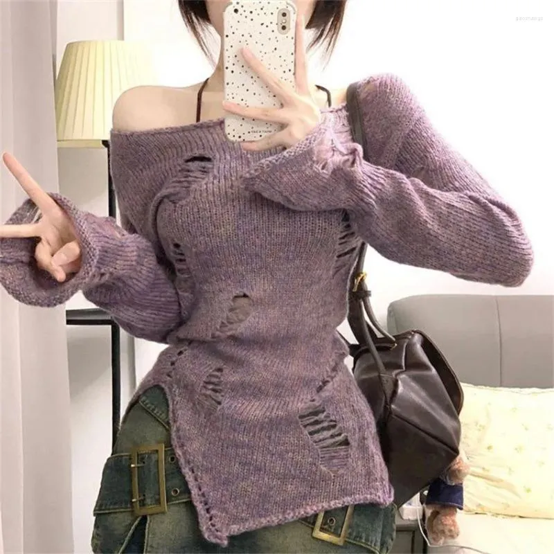 Kvinnors tröjor 2023 Korean Fashion Autumn Women Purple Knit Sweater Vintage Casual Long Sleeve Sticke Pullovers Basic Clothes