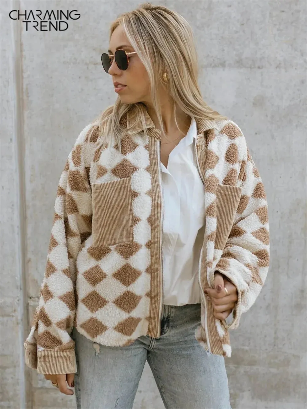 Womens Wool Blends Charmingtrend Winter Women Warm Faux Fur Coat Plaid Print Long Turn Down Collar Plush Classic Loose 231018