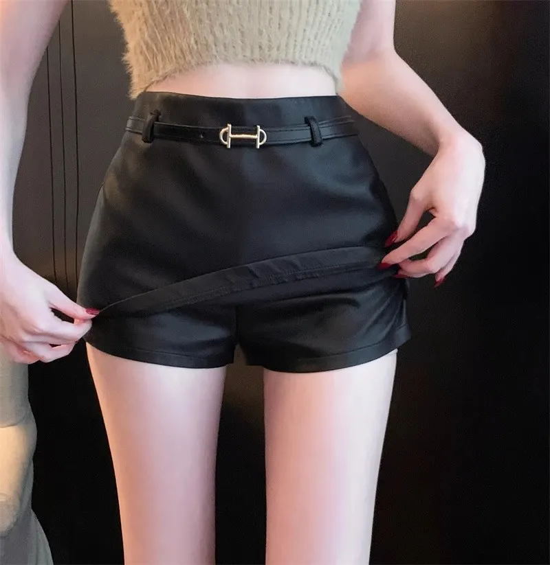 Female autumn sexy PU leather high elastic belt belt black color desinger shorts SML