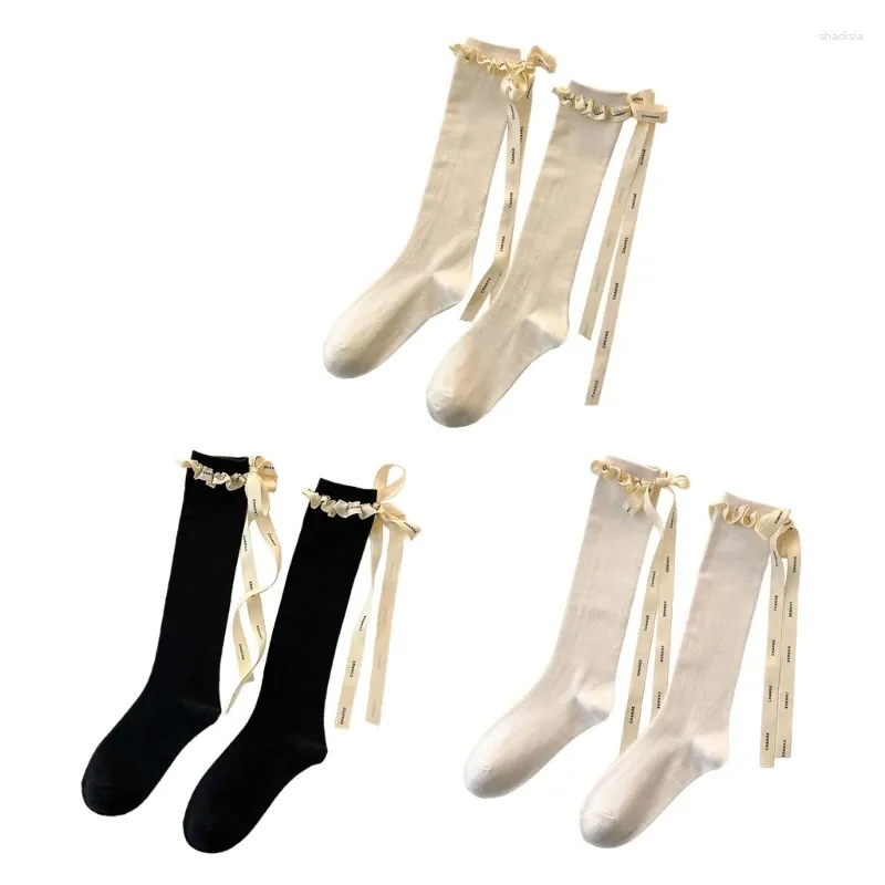 Women Socks Soft Knee High Lovely Lolitas Ruffle Bow Bandage Calf JK Students Girls Stockings Solid Color Hosiery