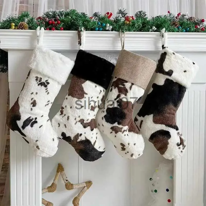 Christmas Decorations 20 inch Christmas stockings farm cow print stockings with tie up large foot Christmas gift stockings for toy bags candy bags x1019