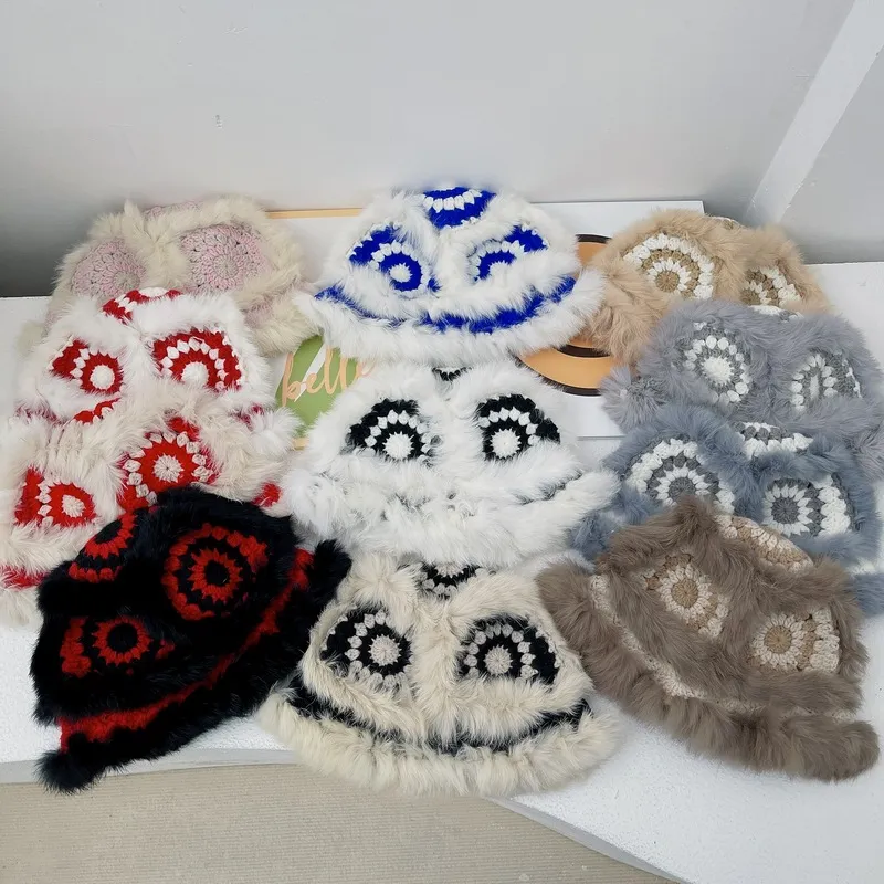 Handmade Rabbit Hair Fisherman Hat Womens Ethnic Wind Plush Knitted Hat Lion Hat Tiger-head Hat Snow Face Small Basin Hat Autumn and Winter