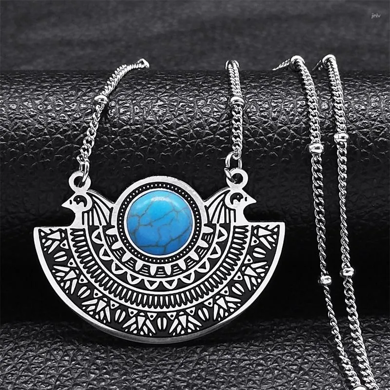 Anhänger Halsketten Böhmische Ethnische Doppel Phoenix Halskette Für Frauen Edelstahl Blau Stein Vintage Choker Boho Schmuck Geschenk N3314S04