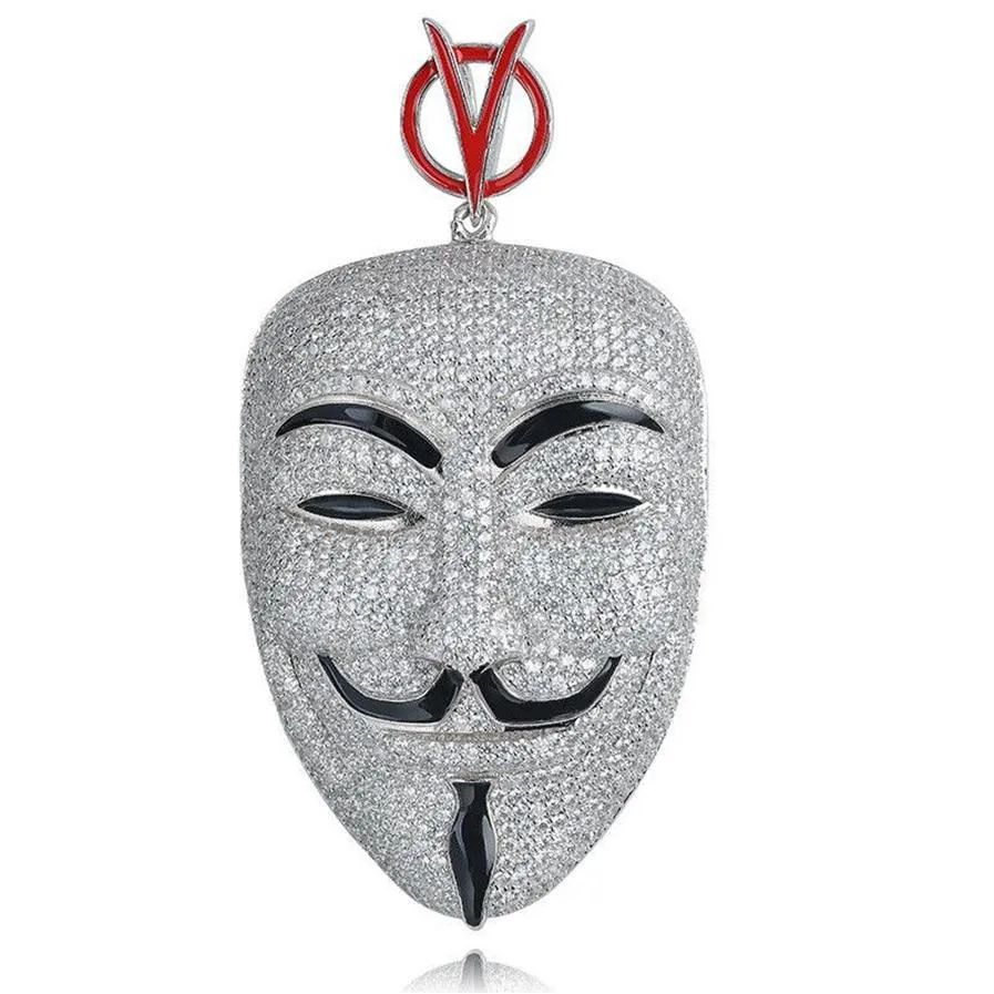 Хип-хоп V значит вендетта ожерелье серебряный цвет кубический циркон маска кулон для мужчин Ice Out теннисная цепочка рэпер Jewelry227r