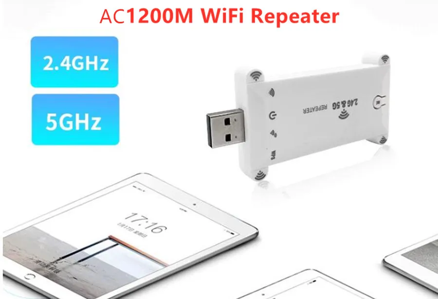 USB Dual Band 2.4g/5Ghz AC1200M WiFi Repeater Long Range Extender Wireless Booster Signal Amplifier