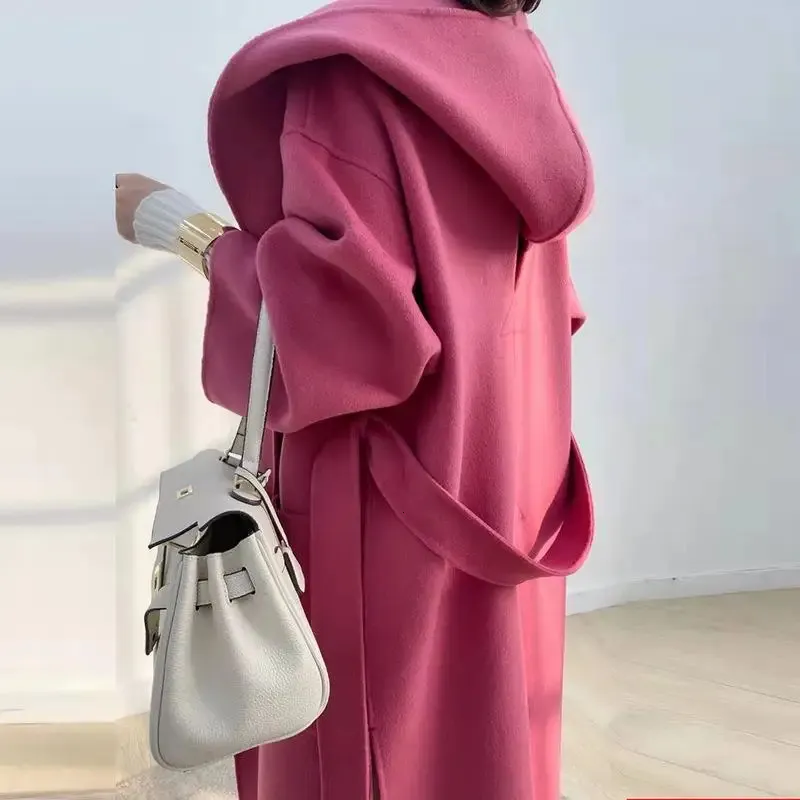 Mélange de laine pour femmes, manteau en cachemire réversible à capuche rouge Rose, mi-long, automne et hiver, laine épaisse et ample, 231018