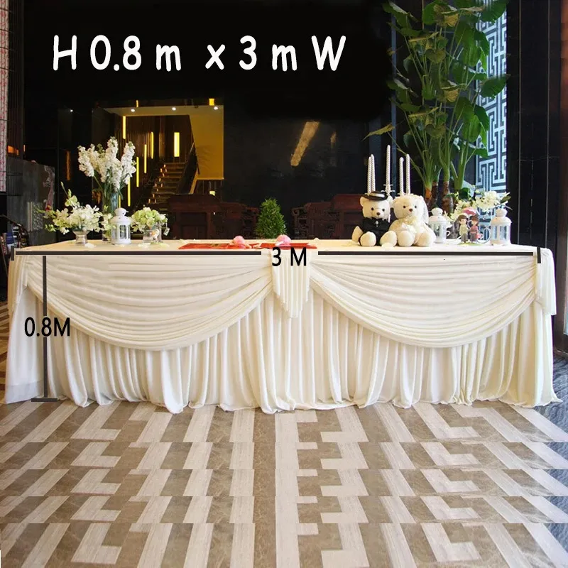 Saia de mesa 0.8x3m longa saia de mesa de luxo branca com swag para uso de casamento rodapé de mesa de casamento com cortina 231019