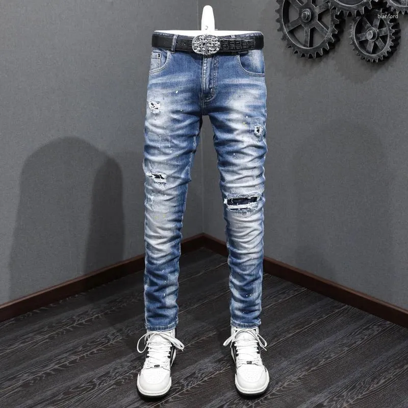 Männer Jeans Mode Designer Männer Retro Washed Blue Elastic Slim Fit Painted Ripped Patched Vintage Casual Denim Hosen Hombre