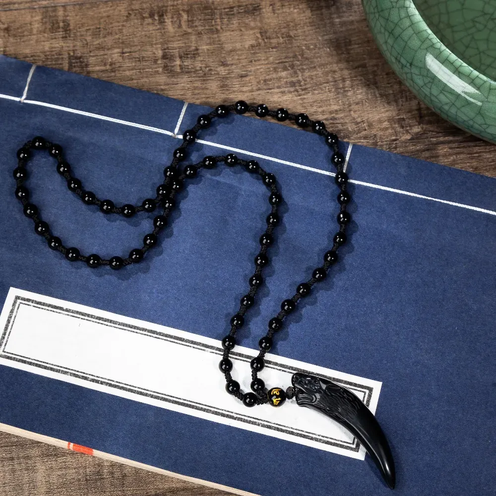 Nature Obsidian Wolf Tooth Pendant Necklaces Lucky Beaded Rope Necklaces Black Obsidian Amulets Necklaces Jewelry