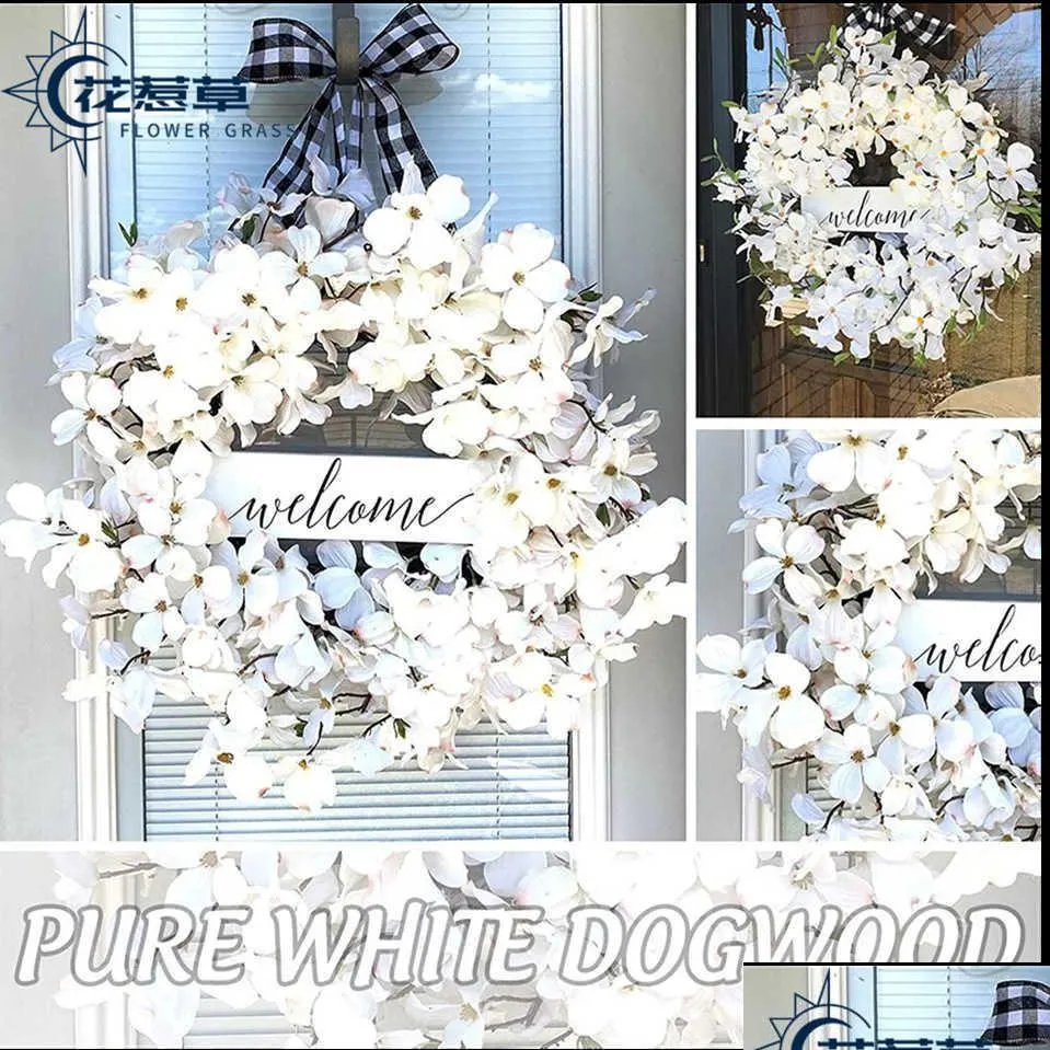 Ghirlande di fiori decorativi Logo di benvenuto Plaid di bufalo e cane bianco Ghirlanda di primavera in legno Faro Porta di casa Hang T230512 Consegna a goccia Ga Dhvha