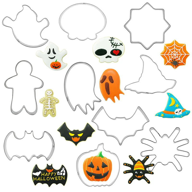 10-teiliges Set Halloween-Keksform zum Wenden von Zucker, Plätzchenschneideform aus Edelstahl, Bodenpressform, Mantou-Brötchenbacken